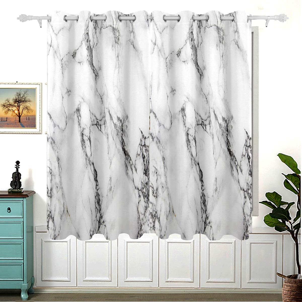 Black White Marble Curtains for Bedroom Living Room,Eyelet Blackout Curtains,63 x 55 Inches,Set of 2