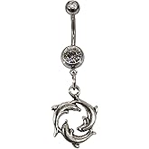 Handcrafted Navel Ring Curved Barbell With Clear Crystal Rhinestone Inserts And A Silver Plated Dolphin Charm Dangle Belly Button Ring Body Piercing