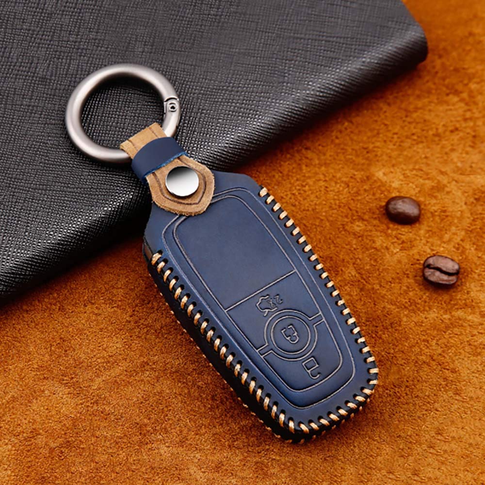 ontto for Ford Car Key Cover Leather Key Fob Cover Holder Protector for Ford C-Max Focus 3 MK3 ST RS Galaxy Mondeo S-Max Transit Tourneo Custom Ranger Fusion Bantam Kuga Escape Ecosport Keyring Blue