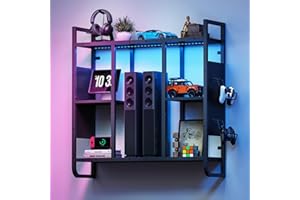 MAHANCRIS LED Gaming Floating Shelves, 3-Tier Wall Mounted Shelf for Wall Storage, Pipe Shelves Hanging Display Rack, with 2 