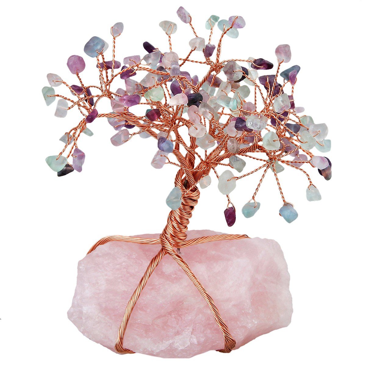 mookaitedecor Fluorite Crystal Money Tree with Rose Quartz Raw Stone Base Good Luck Crystal Gifts, Crystal Tree of Life Reiki Healing Crystal Bonsai Tree Feng Shui Ornaments for Home Office