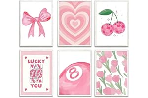 Pink Preppy Wall Art Prints Set of 6, A4 Size (8.3 x 11.7 Inch) Unframed Paper Posters, Cute Bow Cherry Aesthetic Decor for G