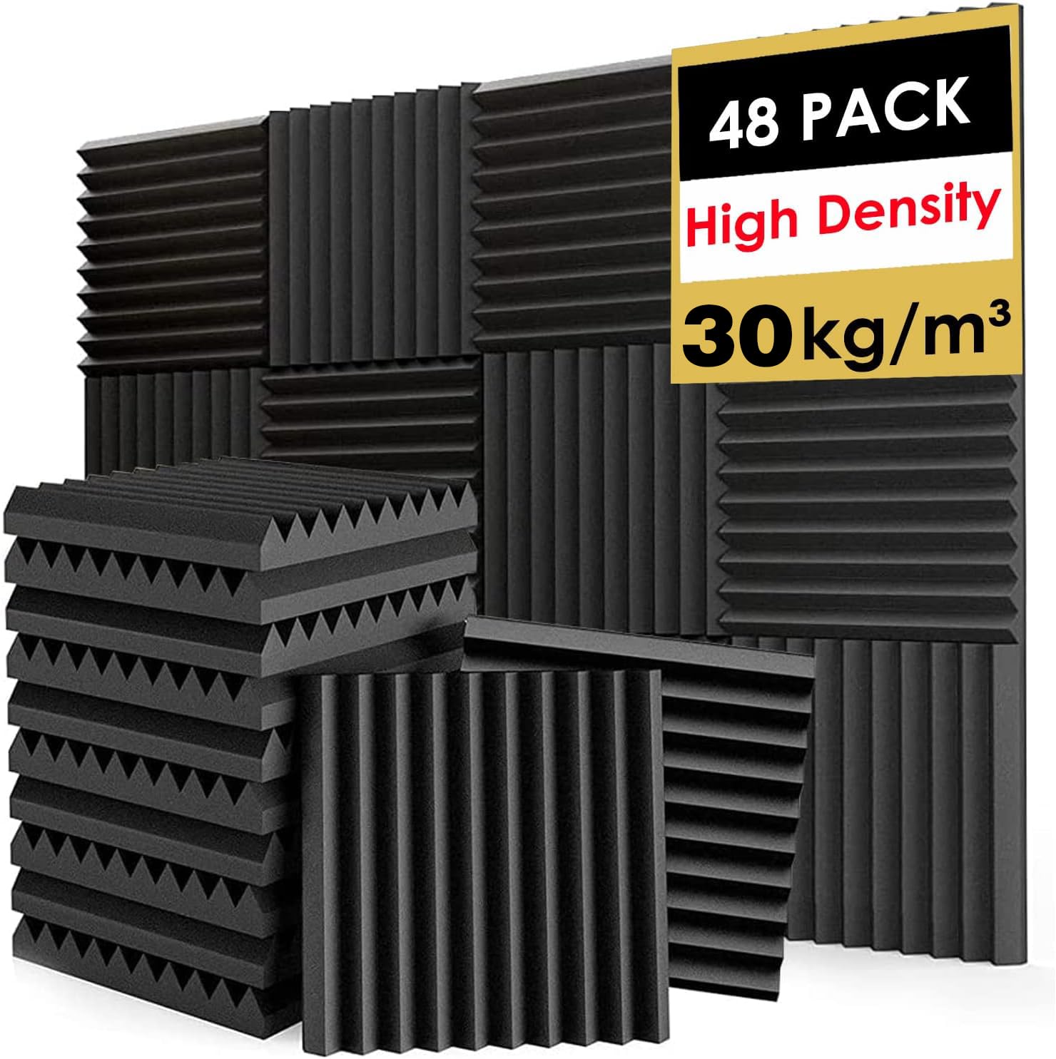 FONESO 48 Pack Acoustic Panels, 1" x 12" x 12" Sound Proof Foam Panels for Walls, Wedge Sound Absorbing Panels, Acoustic Foam Noise Canceling Panels Fire Resistant for Studio Recording, Home Office