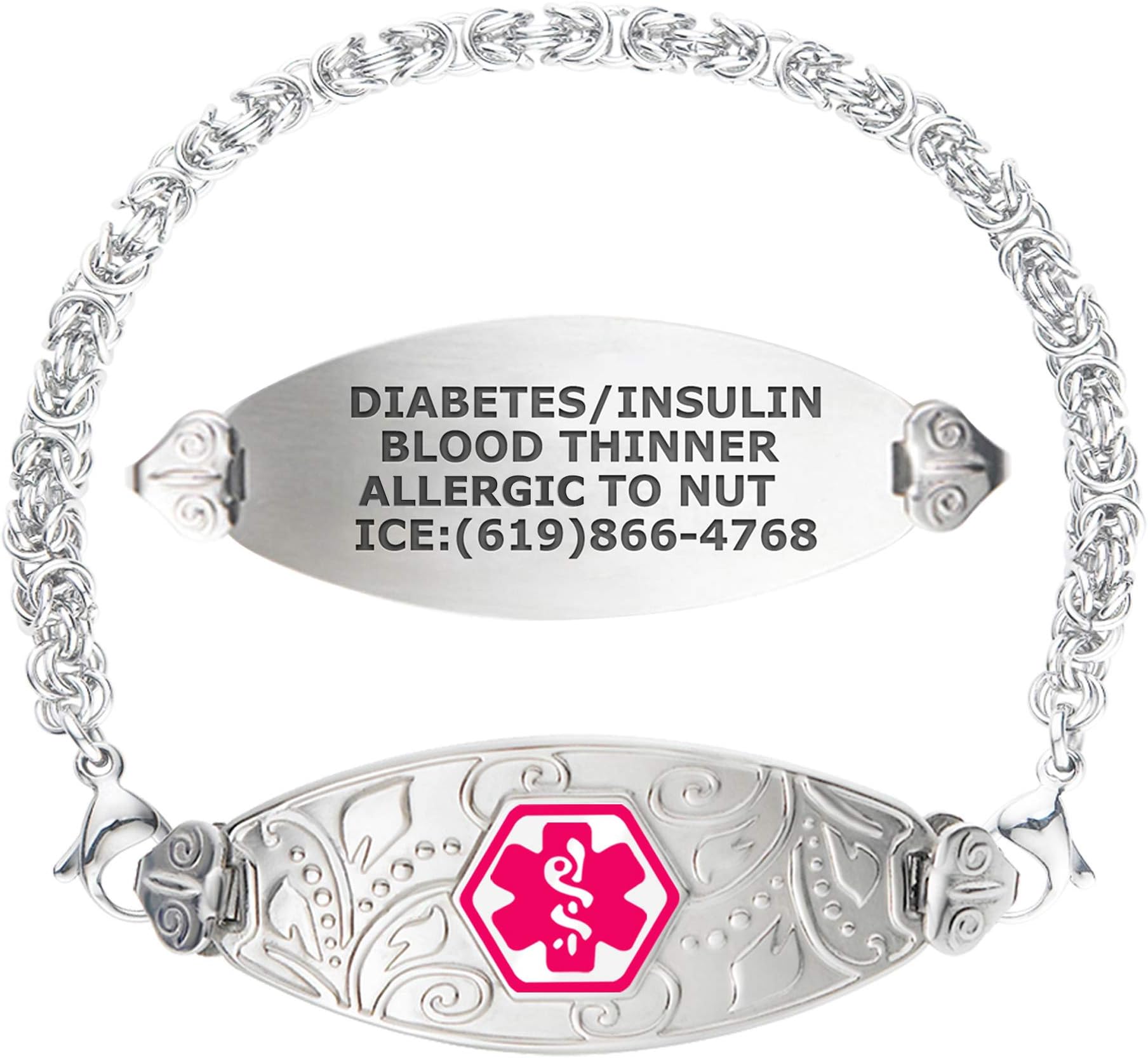 Divoti Custom Engraved Medical Alert Bracelets for Women, Stainless Steel Medical Bracelet, Medical ID Bracelet w/Free Engraving – Lovely Filigree Tag w/Handmade Byzantine – Color/Size