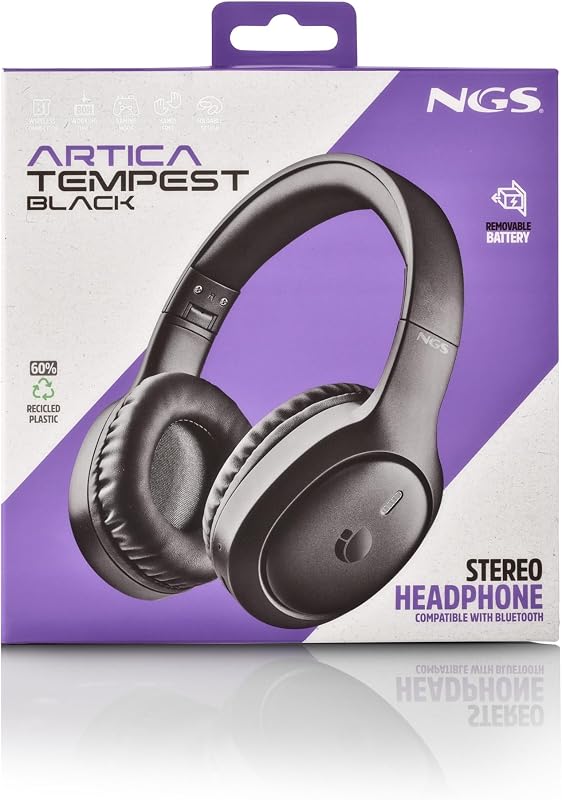 Artica Tempest Black - Auscultadores over-ear sem fios compatíveis com tecnologia Bluetooth, autonomia 28h, microfone ENC, IPX5, preto
