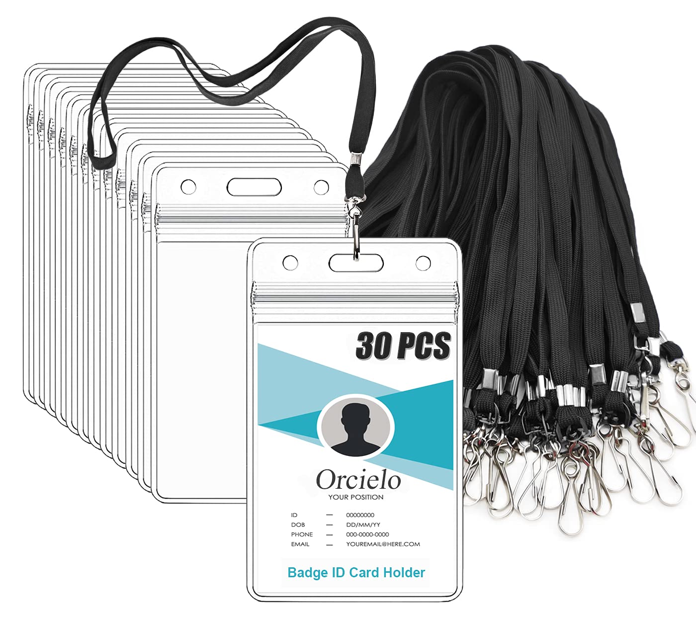 30Pcs Clear Plastic Vertical Name Tags Badge ID Card Holders and 30Pcs Flat Neck Lanyards, Black