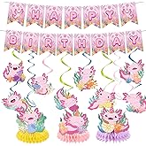 Refavor Axolotl Birthday Party Decorations, 15PCS Axolotl Theme Birthday Banners Hanging Swirl Honeycomb Centerpieces, Cute Salamander Party Decor Kids Girls