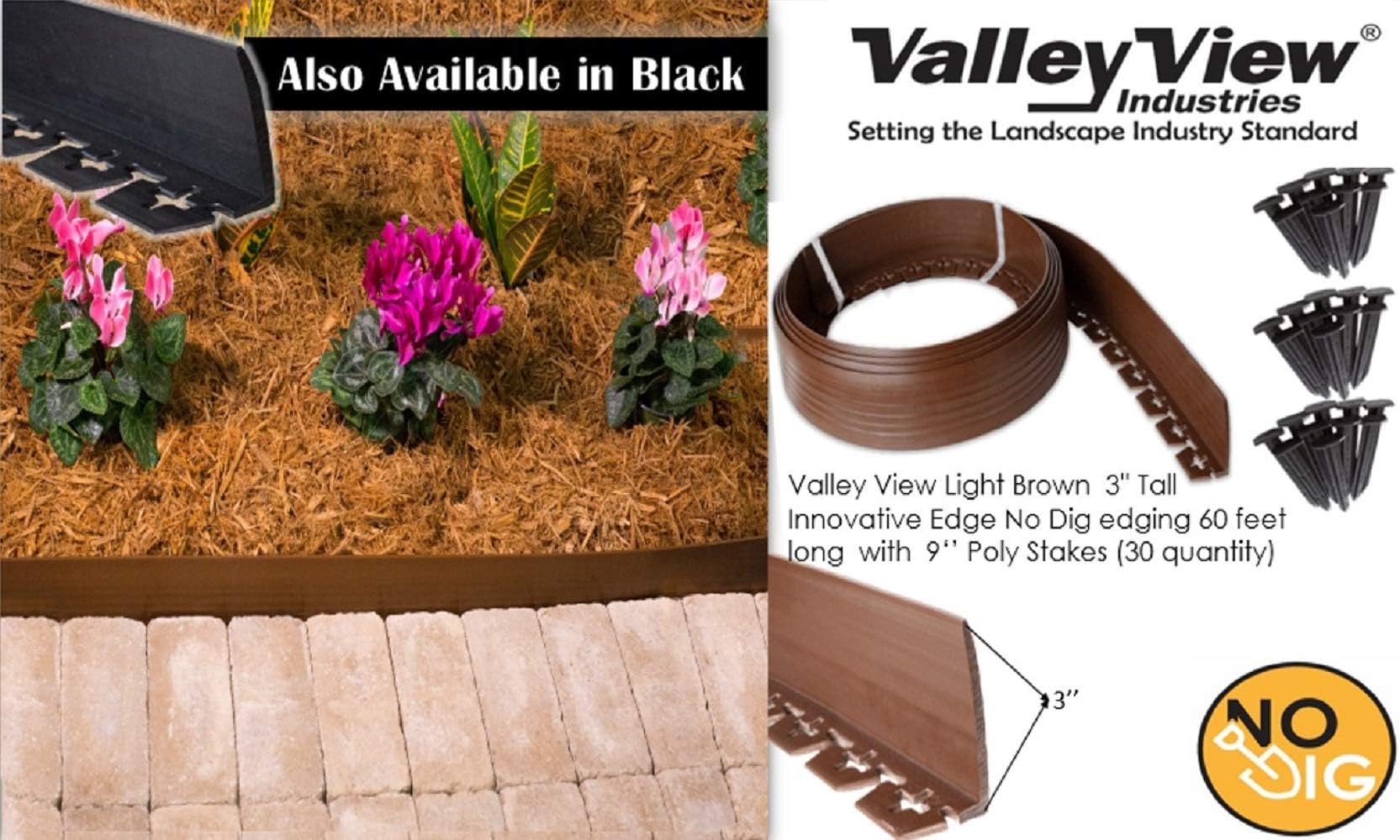 Valley View NDETC-60LB Light Brown 3'' Tall Innovative Dig 60 feet Long with 9‘’ Poly Stakes (30 Quantity) Lawn Edging, Garden Border