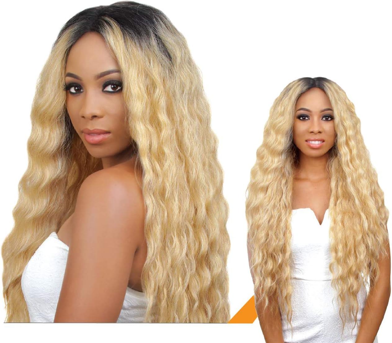 HAIR REPUBLIC 35” Long Length Swiss Lace Front Synthetic Wig with Wide Deep Natural i Part, 100% Heat Retardant Fiber, Loose Wave Curls - Color# 1B