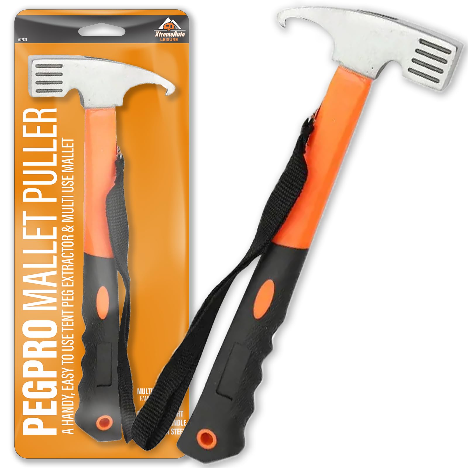 Xtremeauto Camping Hammer Heavy Duty - Tent Stake Remover with Hook, High Carbon Steel Tent Hammer Peg Puller Extractor Tool, Rubber Handle Tent Mallet with Holding Strap, Orange