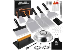 QUIENKITCH Griddle Accessories Kit, 27PCS Flat Top Grill Accessories for Blackstone and Camp Chef, Professional Grill Spatula Set with Burger Press, Basting Cover, Tongs for Outdoor BBQ…