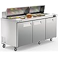 Coolski 72’’ W Commercial Refrigerator 3 Door, Refrigerated Salad/Pizza/Sandwich Prep Table for Restaurant/Bar, Stainless Steel 18 Pans 22 Cu.Ft. Capacity Fan Cooling, ETL NSF Approved