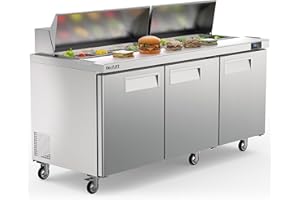 Coolski 72.7’’ W Commercial Salad Bar Refrigerator 3 Door, Refrigerated Salad/Pizza/Sandwich Prep Table for Restaurants/Bars, ETL NSF Approved, Stainless Steel 18 Pans 22 Cu.Ft. Capacity Fan Cooling