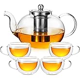 GURUDAR 50OZ/1500ML Glass Teapot Set with 4 Double Wall Teacups & Removable Infuser, Stovetop & Microwave Safe Clear Tea Maker Water Kettle with 7OZ/200ML Tea Cups for Loose Leaf Blooming Tea