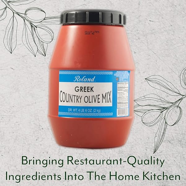 ROLAND FOODS GREEK COUNTRY OLIVE MIX, WHOLE OLIVES MARINATED WITH GARLIC AND PEPPERONCINI PEPPERS, SPECIALTY IMPORTED FOOD, 4 LB 6 OZ TUB
