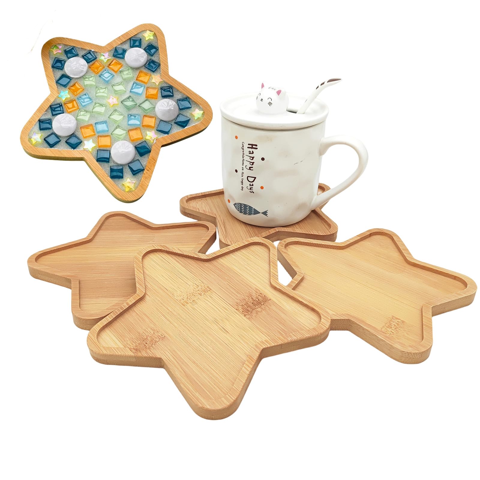 4PCS Bamboo Mosaic Coasters, Blank Base Trays for Crafts DIY Mosaic Supplies, Drinking Cup Coaster, Plant Coaster, Art Plate (Star)