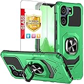 TJS Compatible for BLU View 5 B160V Case, Blu F5 5G Case,with Tempered Glass Screen Protector, Metal Ring Magnetic Support Kickstand Heavy Duty Drop Protection Cover Phone Case (Green)