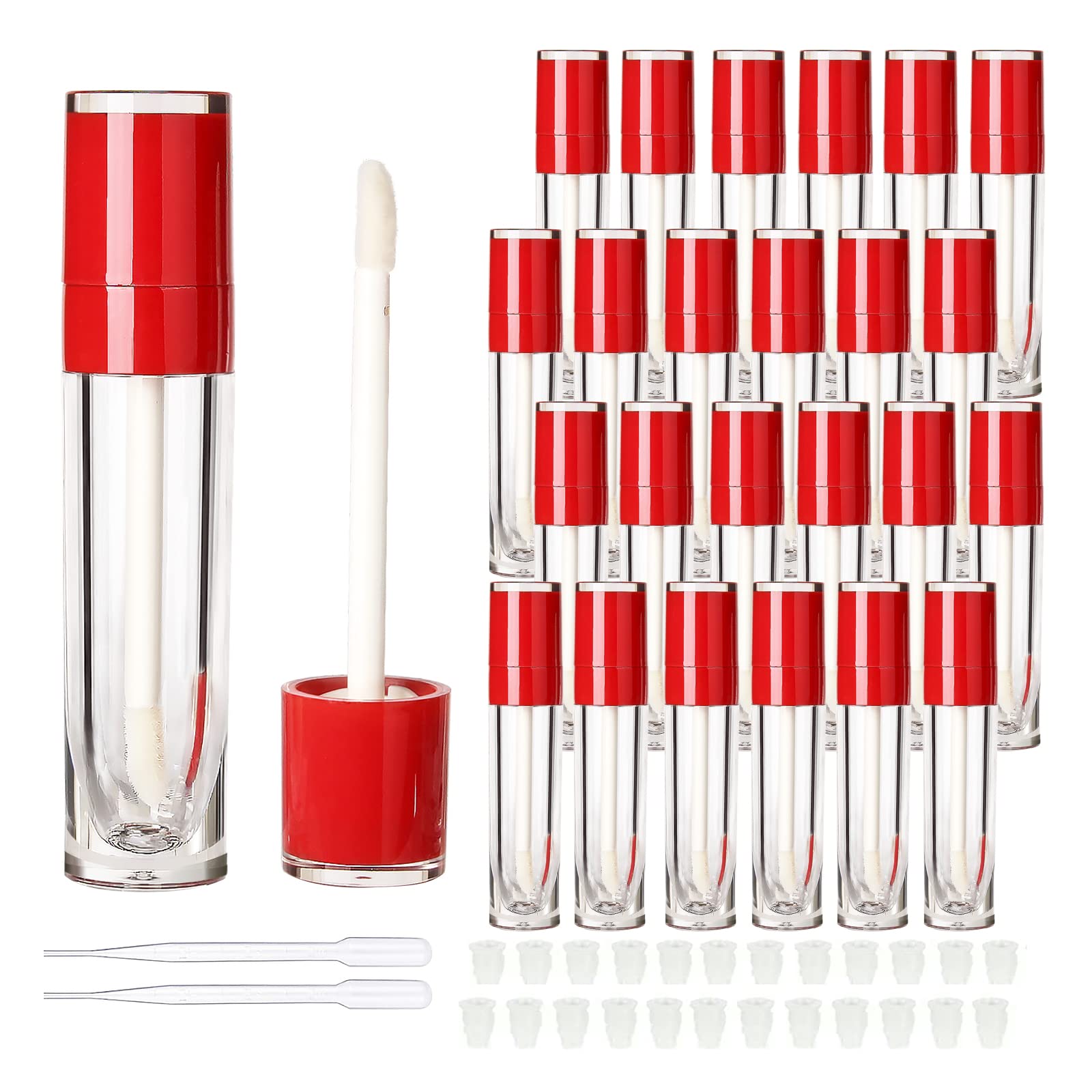 COSIDEA 25pcs Empty Plastic 6ml round Red lip gloss tubes with wand lipgloss containers tube