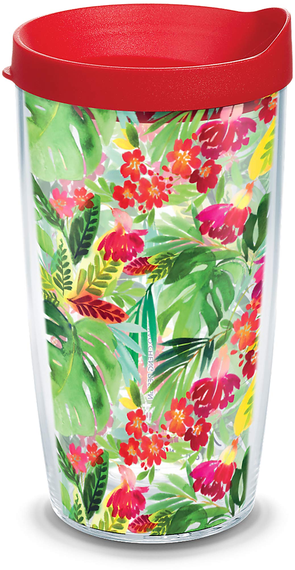 Tervis 1335145 Yao Cheng - Tropical Bloom Insulated Tumbler with Wrap and Red Lid, 16oz, Clear