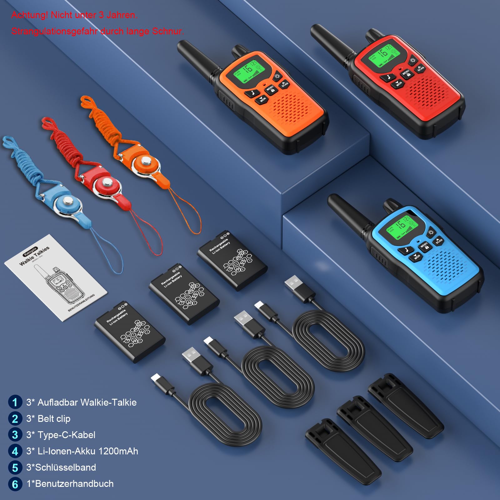 Walkie Talkie 3er Set Kinder Aufladbar, Rabigala Funkgeräte mit 5km großer Reichweite für Erwachsene, Li-ion Akku, VOX Freisprecheinrichtung, Taschenlampe LED, LCD 7