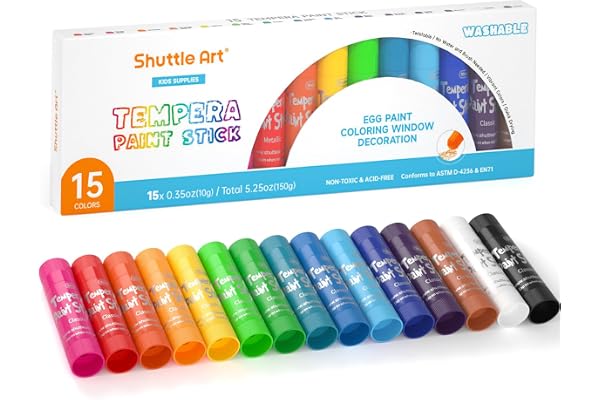Shuttle Art Tempera Paint Sticks, 15 Colors Solid Tempera Paint for Kids, Super Quick-drying, Washable, Works Great on Paper,