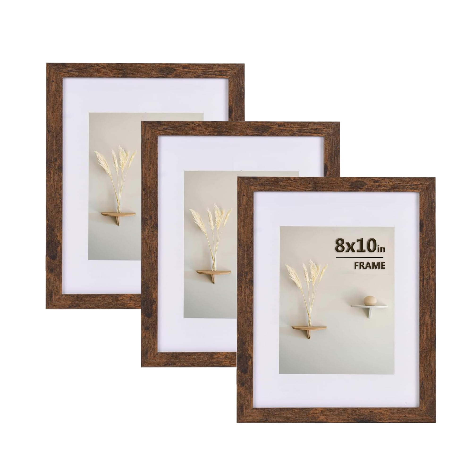 LYYYYX Wooden Picture Frame Rustic 10x8inch Brown Photo Frame matted for 7x5in and 6x4in Picture,with Perspex Set of 3 Certificate Freestanding and Wall Mountable