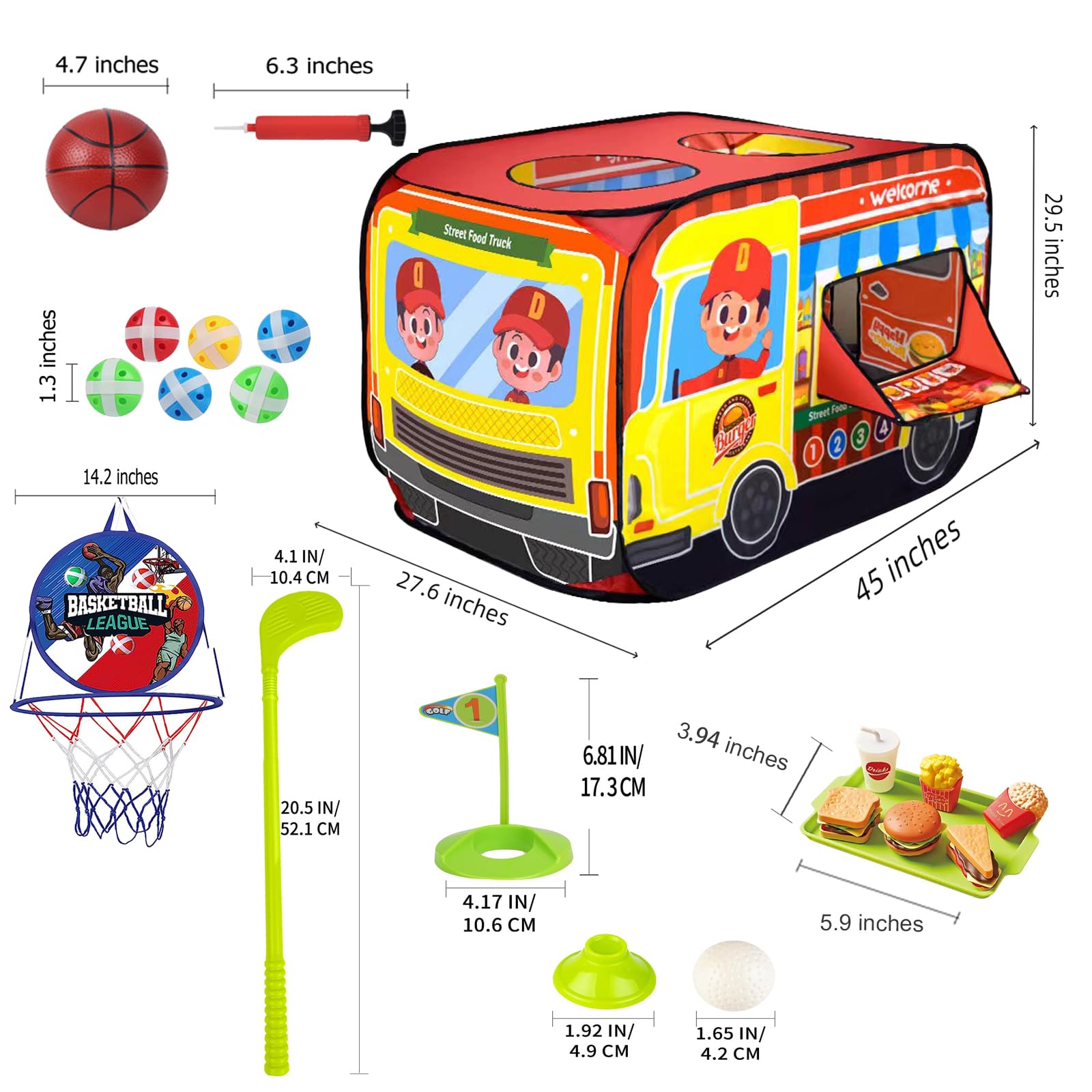 Pop Up Tents for Kids 3-5, Indoor Playhouse for Toddler with Golf, Dart, Basketball Hoop, Tiny Hamburg Playset, Foldable Tent for Toddlers, Boys and Girls, Flat-Folding Hamburg Car Play Tent