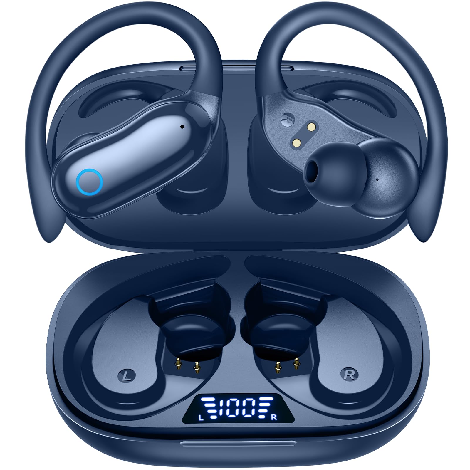 GNMN Active Noise Cancelling Ear Buds Wireless Earbuds 96hrs Playback Bluetooth Headphones Dual Battery Display Stereo Bass Earphones with Earhooks Microphone IPX7 Waterproof Headset for Sports/Gym Image