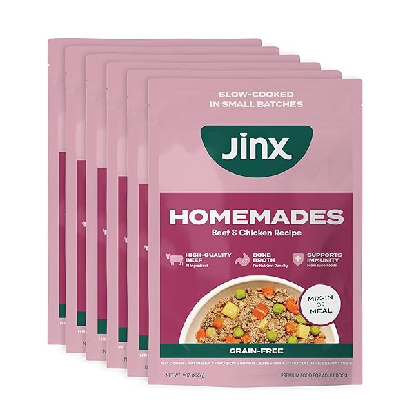 JINX BEEF GRAIN FREE WET DOG FOOD POUCHES, MEAL OR DOG FOOD TOPPER MIX-IN, MADE WITH REAL BEEF & CHICKEN, BONE BROTH, NO FILLERS – PUPPY, ADULT, SENIOR, 9OZ, 6 PACK