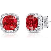Gemstone and Diamond Accent Halo Cushion Cut Stud Earrings for Women in 925 Sterling Silver 7mm Birthstone with Push Backs by MAX + STONE