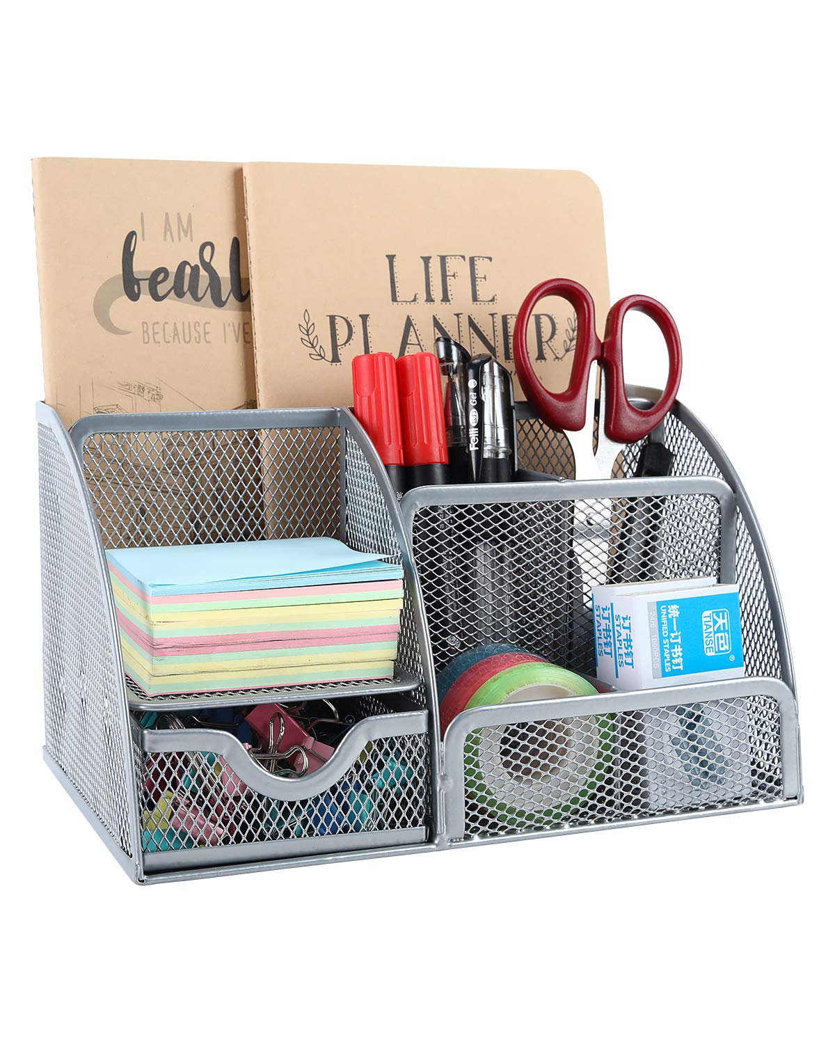 EasyPAG Office Mesh Desk Tidy Versatile Stationery Storage Desktop Organiser Pen Holder with Drawer,Silver