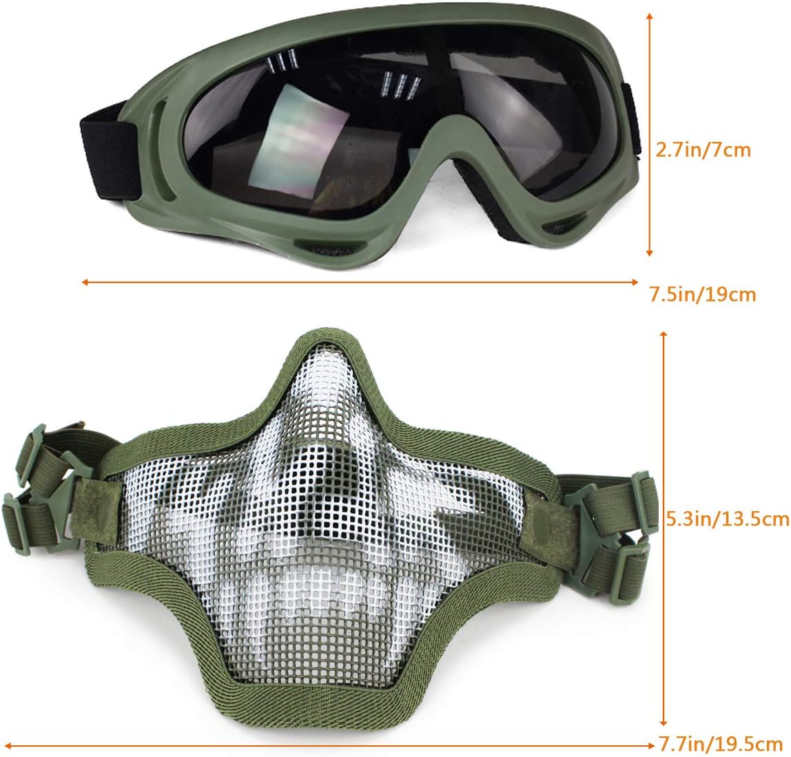 Aoutacc Airsoft Mesh Mask and Goggles Set, Half Face Full Steel Mesh Mask and Goggles for CS/Hunting/Paintball/Shooting (2 Pack OD Skull) : Sports & Outdoors