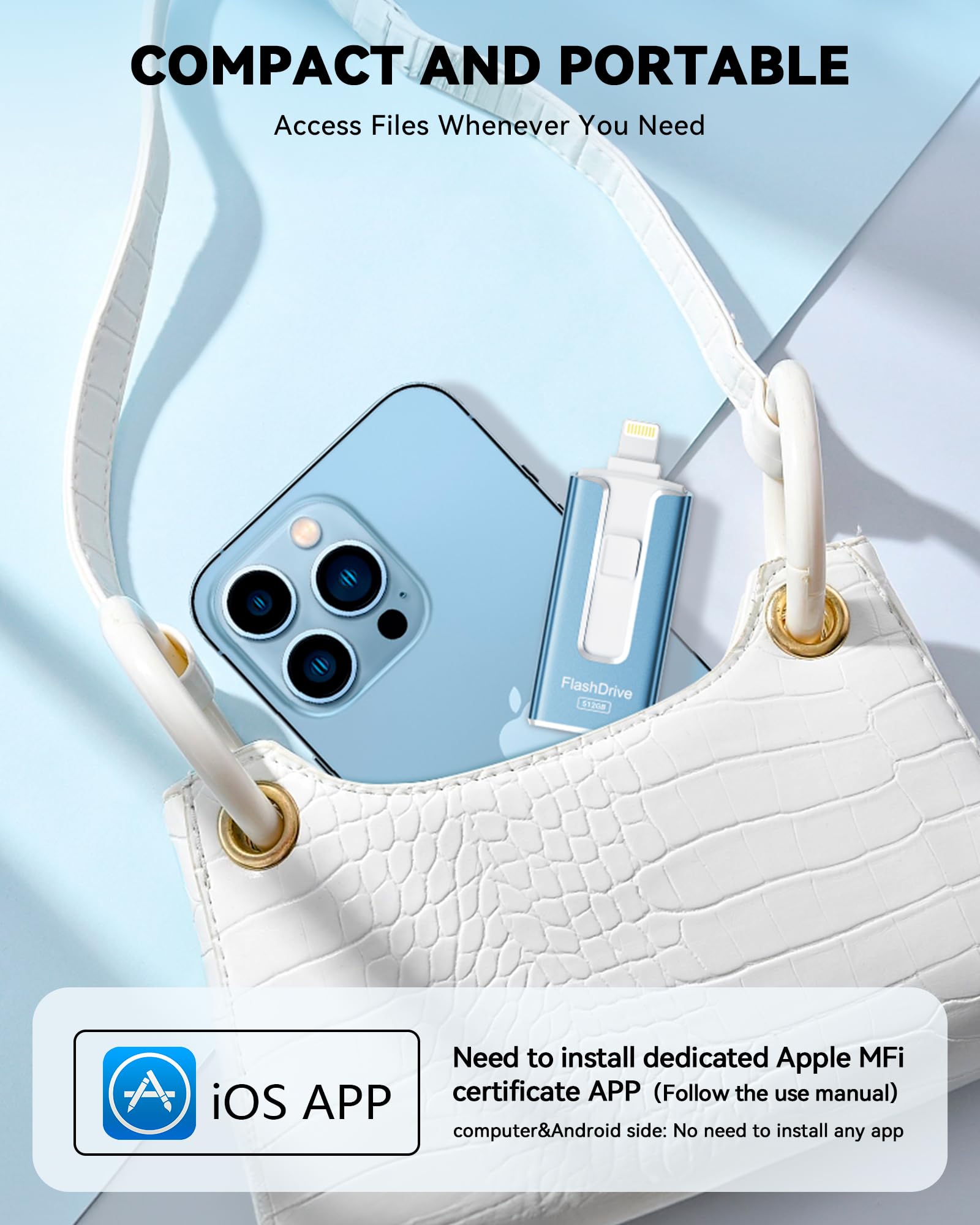 MFi Certified 512GB Flash Drive for iPhone iPad, Photo Stick for External Memory Storage, Easily Back Up and Save Files, USB Memory Stick Thumb Drive for iPhone/iPad/Android/PC (Blue, 512GB)