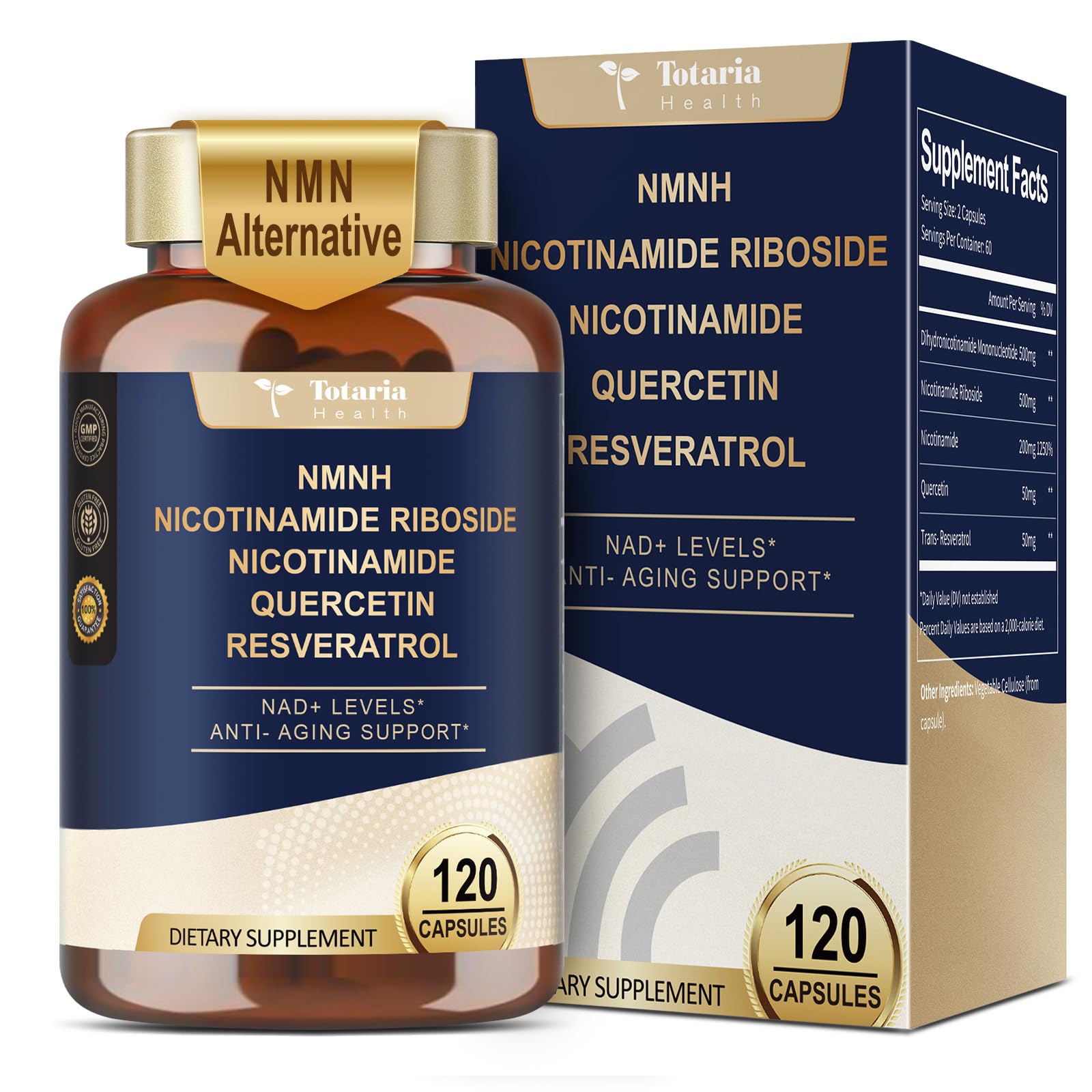 Photo 1 of Totaria NMNH (Dihydronicotinamide Mononucleotide), NMN Alternative Supplement w/Niacinamide (Vitamin B3), Quercetin, Trans-Resveratrol, Support NAD+, Skin Cell Health*, Anti-Aging & Energy, 120 Caps