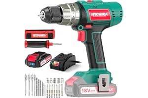 HYCHIKA BETTER TOOLS FOR BETTER LIFE Cordless Hammer Drill Driver 18V, HYCHIKA 400 In-lbs Torque Power Drill with Auxiliary Handle, 1/2” Metal Chuck, 2.0Ah Battery, 1H Fast Charger, 21+3 Clutch, LED Light for Drilling Wood Metal Wall