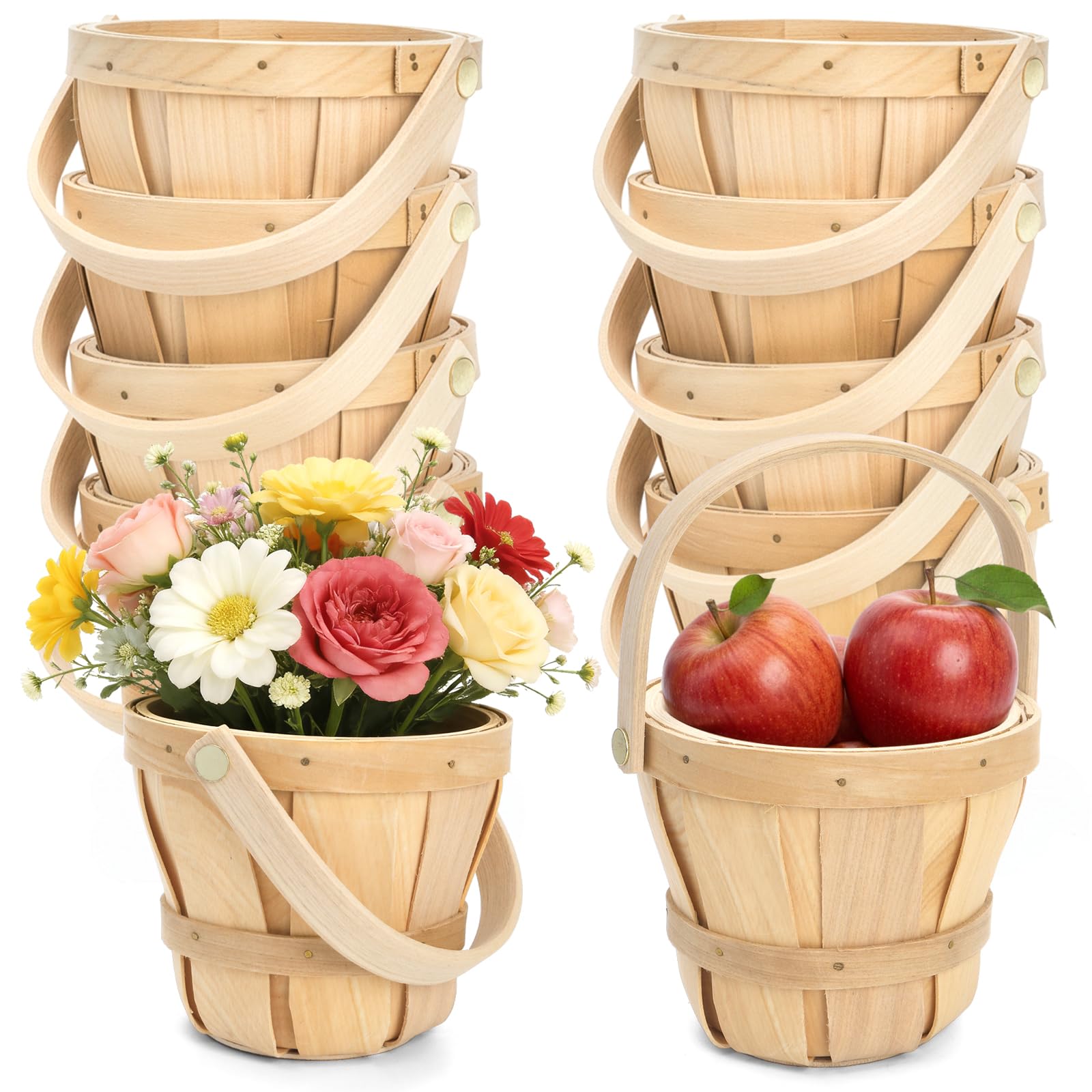 Photo 1 of 10 Pack Small Wooden Gift Basket, 4 x 4.7 Inch Round Woven Fruit Baskets Bulk, Mini Picnic Baskets with Handle for Easter Garden Picking Berry Vegetable Flower DIY Craft Wedding Party Home Decor