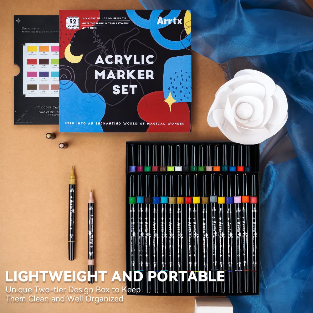 Arrtx Acrylstifte für Steine Bemalen, 32 Farben Marker Dual-Tip-Pinsel und feine Spitze, Permanent Acrylmarker für malerei, Keramik, Glas, Holz, Metall, Leinwand, DIY Fotoalbum 7