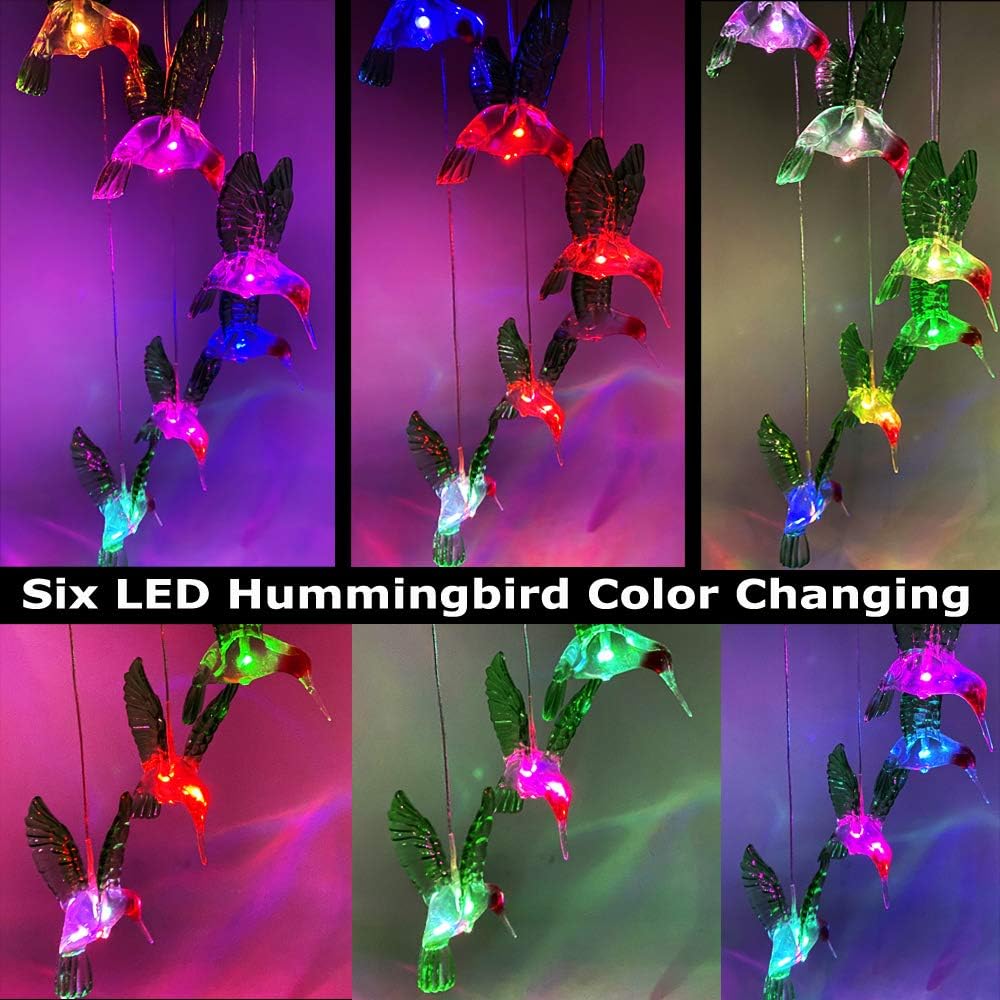 BeHiller Hummingbird Solar Lights Chimes Changing Color Bird Solar Hanging Lights Six LED Hummingbird Lights Mobile Wind Chimes Outdoor hummingbird lights for Garden Gifts Decoration (Six Hummingbird) : Garden & Outdoor