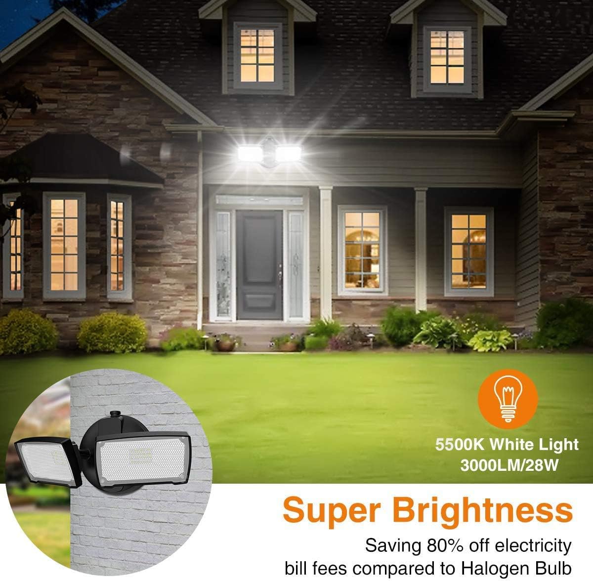 LEPOWER 3000LM LED Flood Light Outdoor, Switch Controlled LED Security Light, 28W Superior Brightness Exterior Lights with 2 Adjustable Heads, 5500K, IP65 Waterproof for Garage, Yard, Patio - - 
