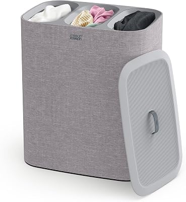 Tota- Trio Panier de séparation du Linge de 90 litres avec Couvercle, 3 Sacs de Lavage Amovibles avec poignées, Gris