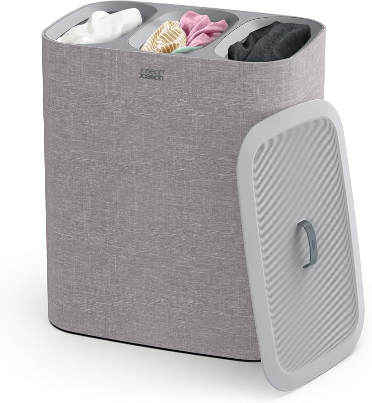 Tota- Trio Panier de séparation du Linge de 90 litres avec Couvercle, 3 Sacs de Lavage Amovibles avec poignées, Gris