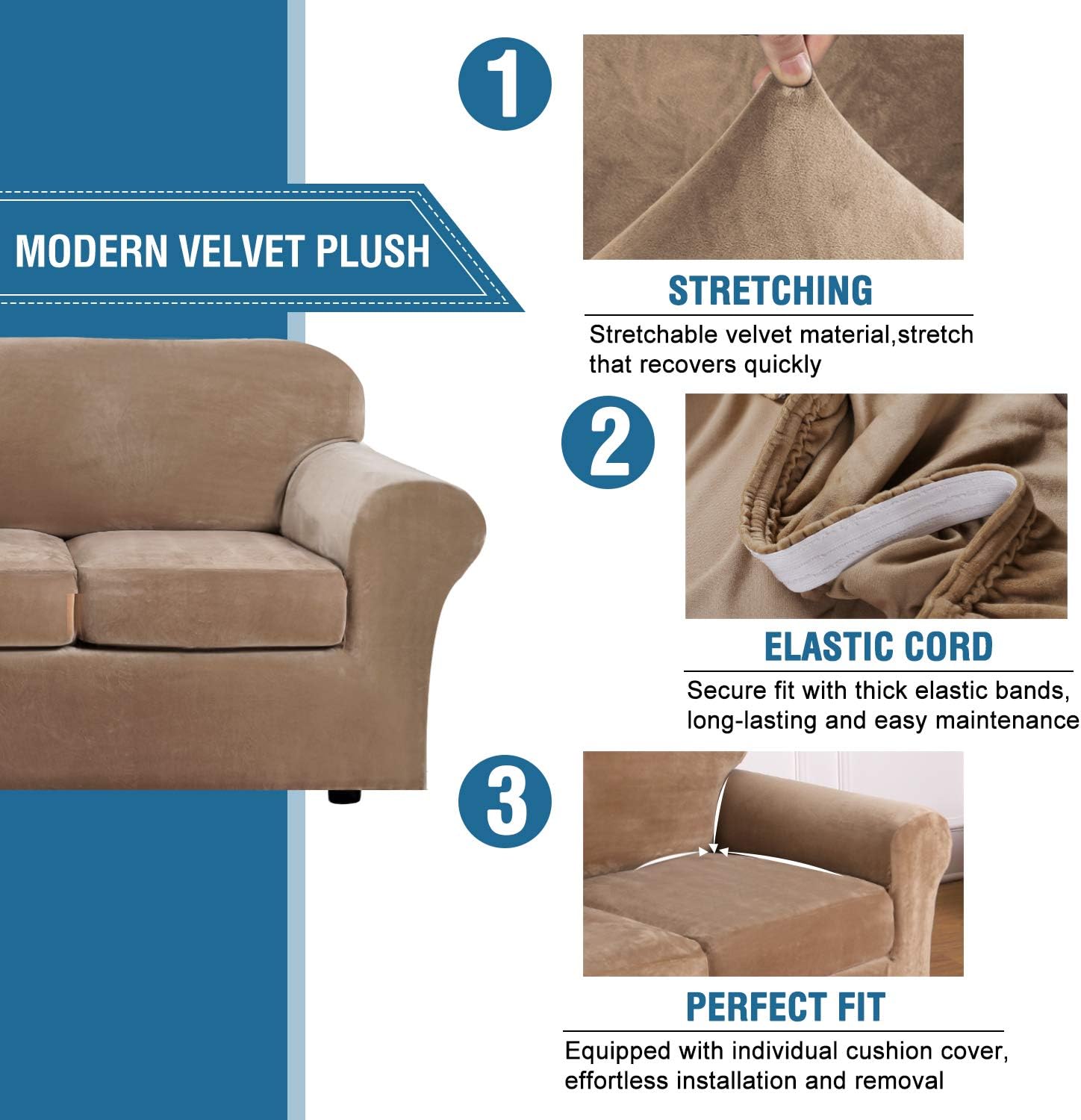 Rich Velvet Stretch 2 Piece Chair Cover Chair Slipcover Sofa Cover Furniture Protector Couch Soft with Elastic Bottom Chair Couch Cover with Arms, Machine Washable(Chair,Camel): Kitchen & Dining