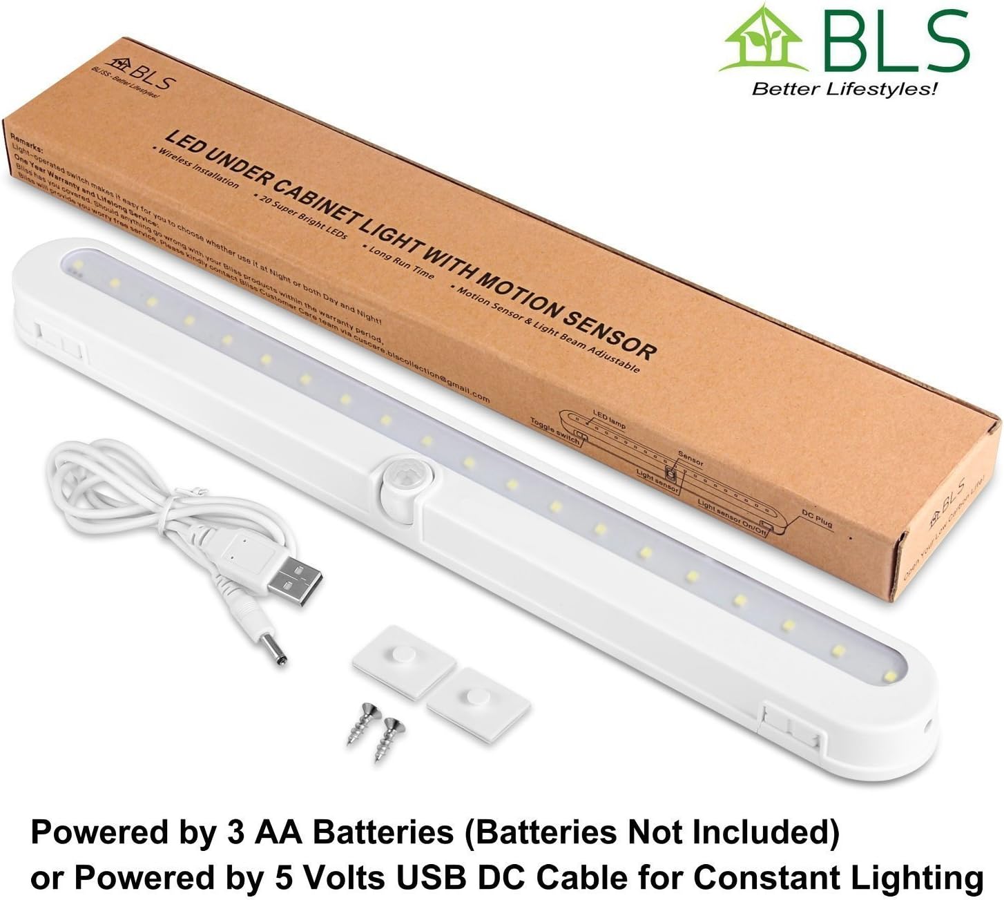T01L LED Closet Light - BLS Super Bright 20 LED Under Cabinet Lighting Battery Powered/DC Input Wireless Motion Sensing Light, Auto On Off Switch, Motion Sensor & Light Sensor, Light Beam Adjustable - - 