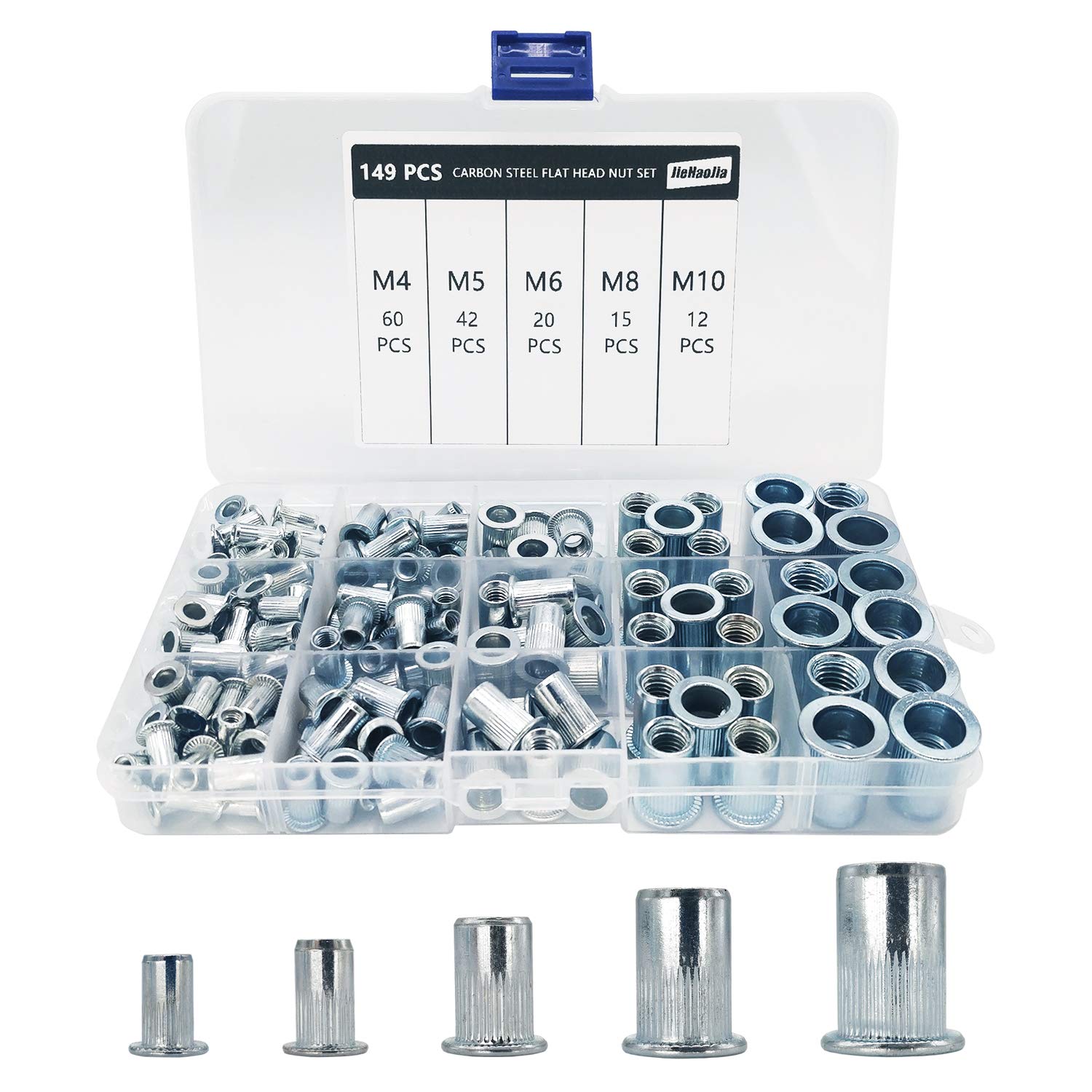 M4 M5 M6 M8 M10 Rivet Nuts, 149 PCS Threaded Rivet Nuts, Zinc Plated Carbon Steel Rivnuts, Flat Head Threaded Insert Nuts for Metal Sheets, Electrical Appliances and Industrial Products