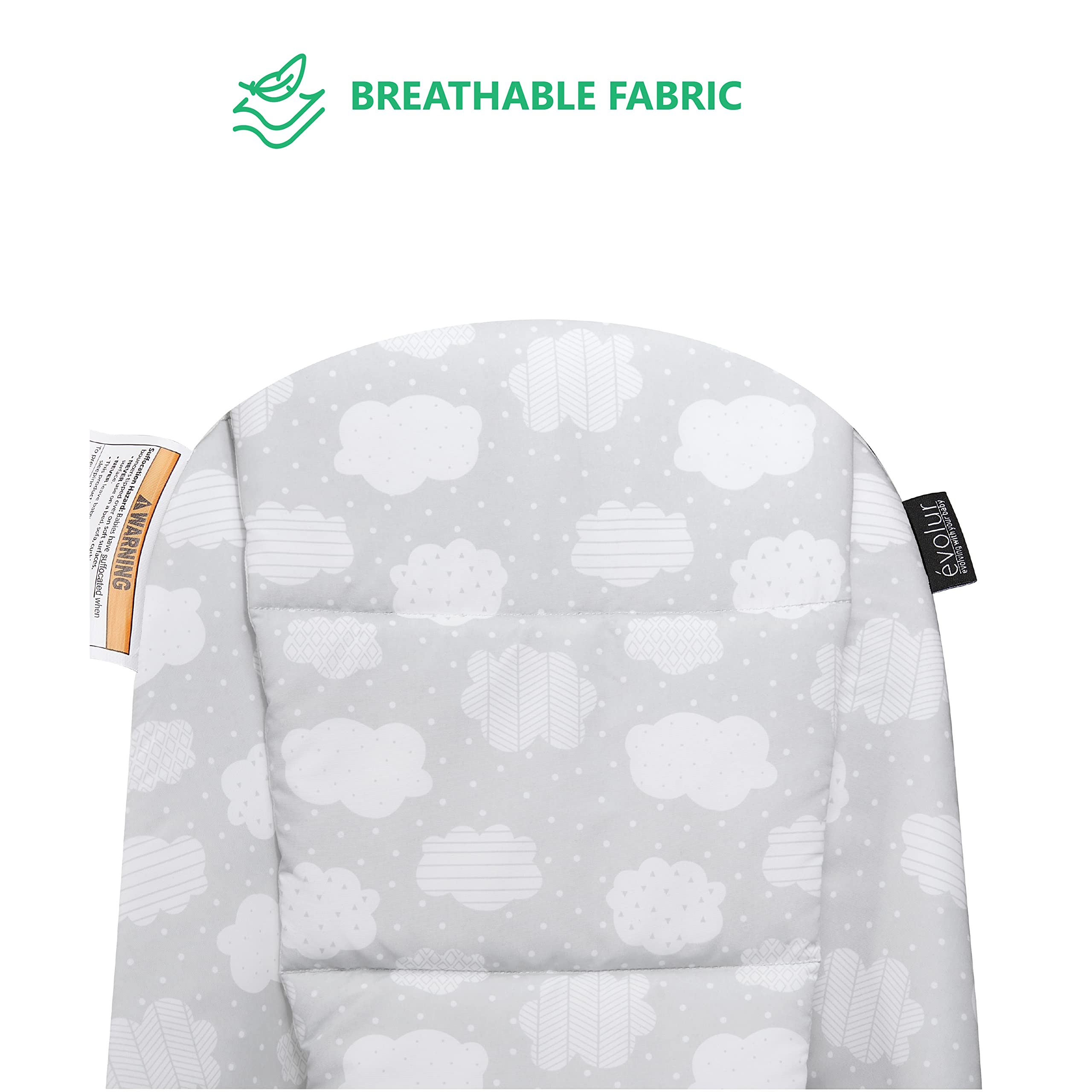 Evolur Koko Portable Infant Bouncer in Cloud Grey, Breathable Fabric, Removable Seat Cover, Easy to Clean Baby Bouncer