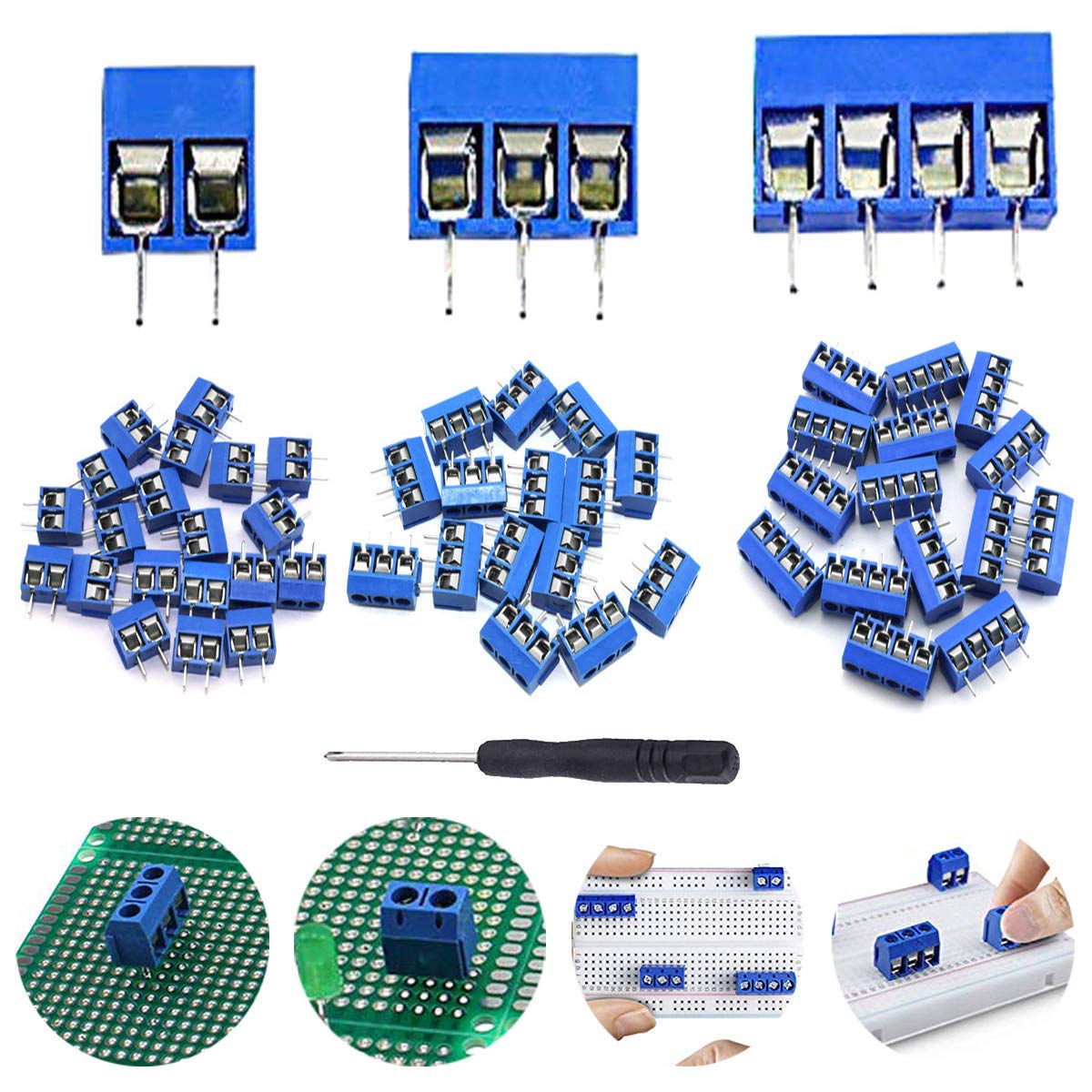 Youmile 60PCS Screw Terminal Block Connector PCB Mount KF301 2/3/4 PIN Pitch 5mm For Breadboard PCB Board With Phillips screwdriver
