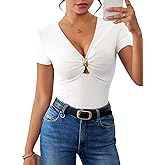 Pink Queen Women Summer Tops Stylish Deep V-Neck Short Sleeve Shirt with Metal Ring Decor