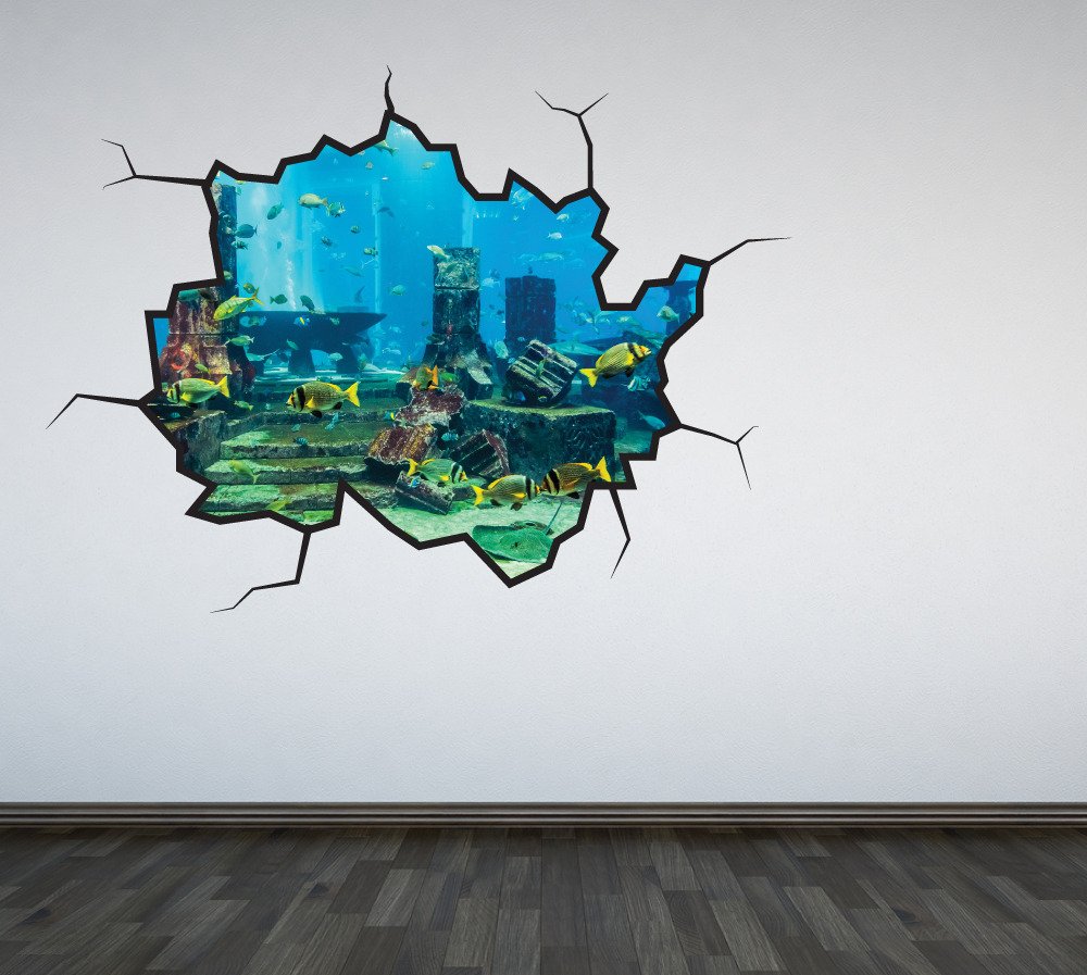 Amazon Com Full Colour Aquarium Cracked Wall Sticker Decal