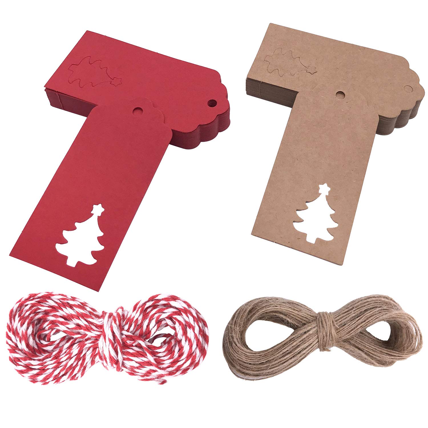 100PCS Christmas Tree Kraft Paper Gift Tags,Christmas Tree Gift Tags,Gift Tags 4.5cm x 9.5 cm Paper Tags,red Tags,Scallop Xmas Label Luggage Hanging Decoration Tags (50pcs Red+50pcs Brown)