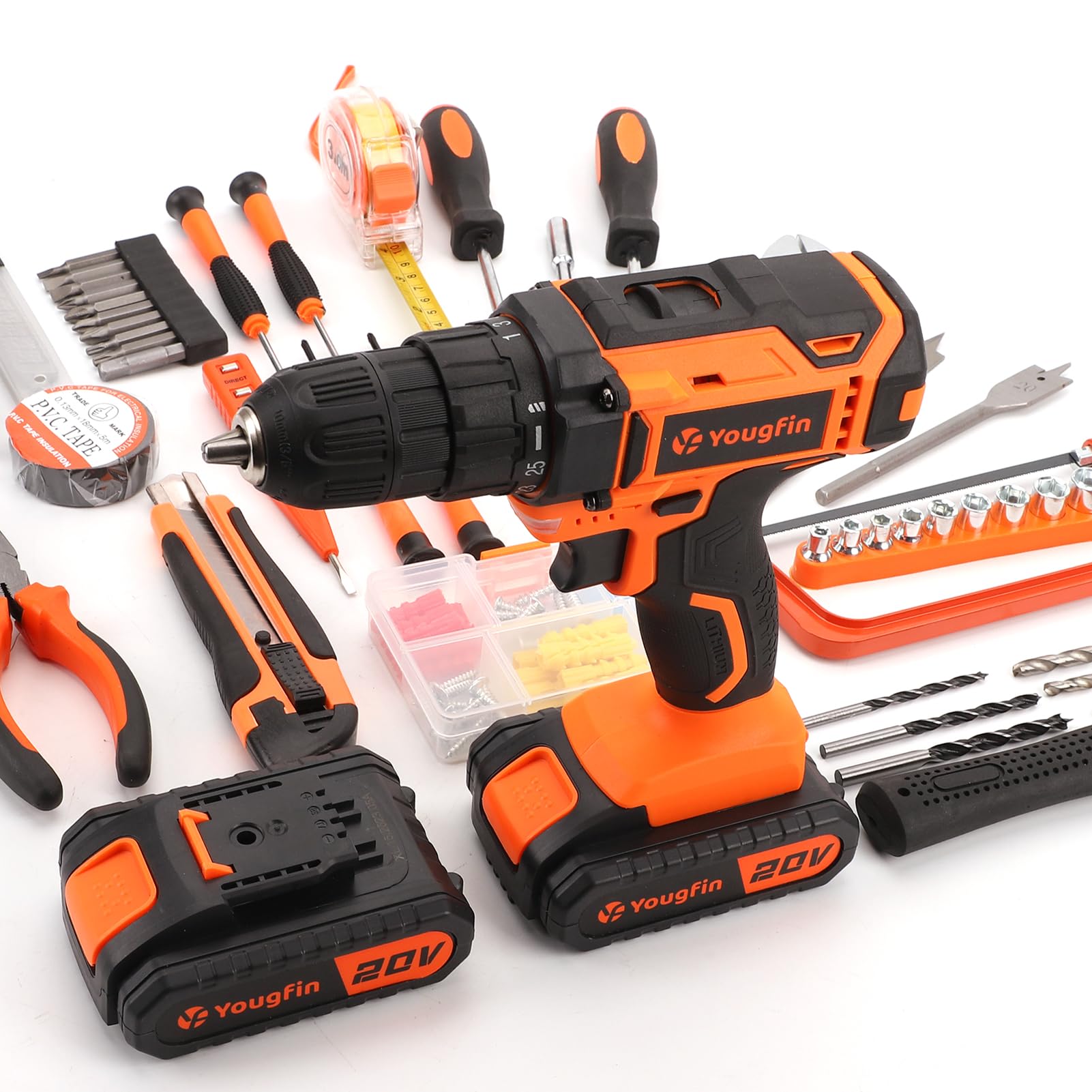 Tool Kit with Drill, Yougfin 20V Cordless Power Drill with 2 Batteries & Charger Drill Sets Combo Kit for Men 114 pcs Household Hand Tools for Home Apartment Dorm Repair